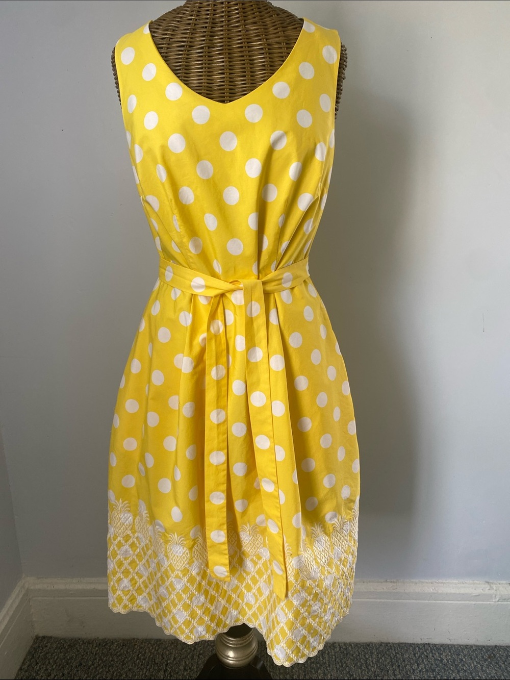 Talbots Yellow and White Polka Dot Tie-Waist Midi Dress